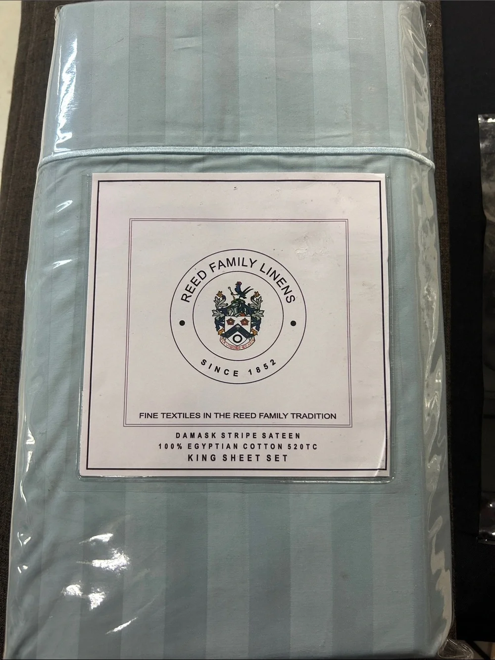Light Blue Damask Stripe Sateen King Sheet Set